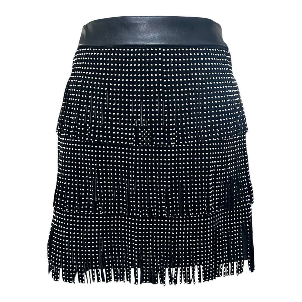NWT Sincerely Jules Faux Leather Mini Skirt Small Black Studded Fringe Festival